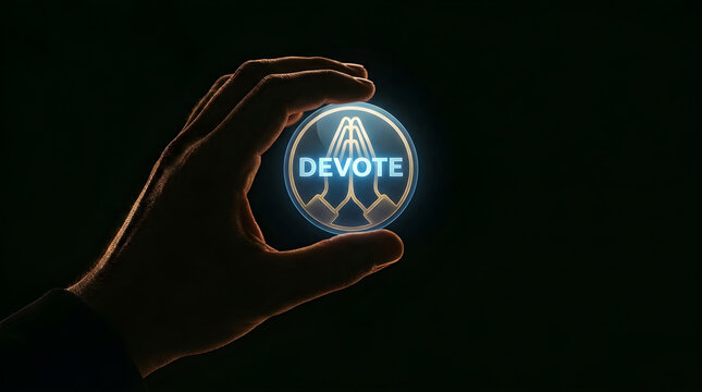 A hand holding a glowing circular icon with a prayer hands symbol