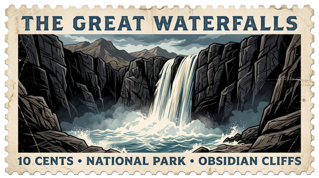 Vintage National Park Postage Stamp Waterfall Illustration With Perforated Edges