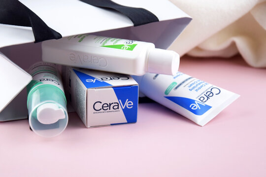 CeraVe cosmetics in the white package on the pink background.
