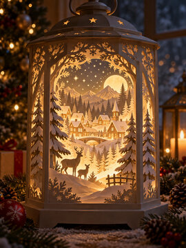 Paper cut Christmas village glowing inside a decorative lantern