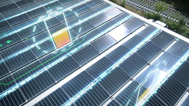 A digital battery interface and luminous power lines animate over rooftop solar panels in a cinematic aerial shot for clean-tech branding, marketing and advertising.