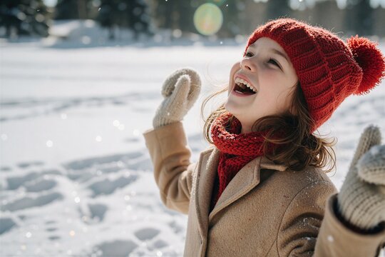 Joyful young girl playing in fresh Christmas snow, laughing happily while wearing a red beanie and warm coat outdoors.