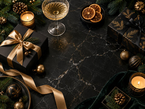 Black and gold luxury Christmas gift flat lay with copy space