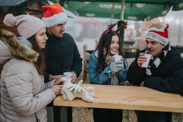 Naklejka premium A group of friends share hot drinks and conversation at an outdoor Christmas market. The friends smile and chat together in winter coats and festive hats.
