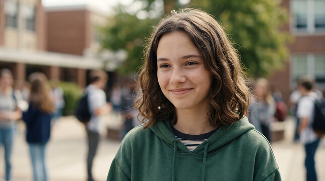 Smiling teenage girl in a green hoodie standing outside a high school building on a sunny day