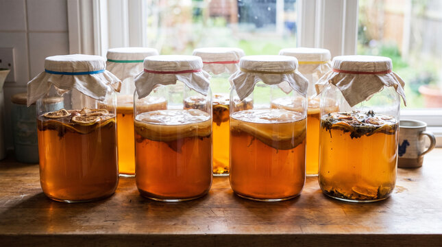 Glass jars with kombucha tea fermenting with scoby and fruit slices on a wooden kitchen counter