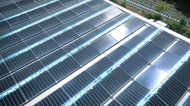 Glowing energy lines travel across rooftop solar panels in a cinematic aerial view, illustrating clean power technology for sustainability marketing and business campaigns.
