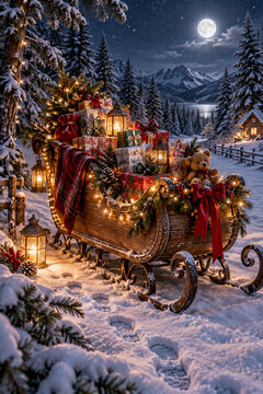 Festive Christmas sleigh traveling through a snowy forest