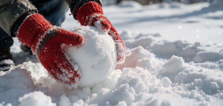 Close-up of hands in red mittens building a snowman with fresh, powdery snow in a bright winter setting.