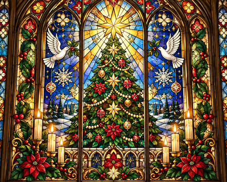 Gothic stained glass Christmas tree with festive candles