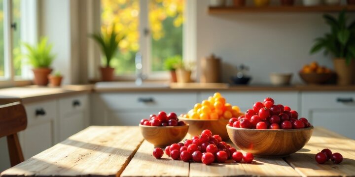 Sunlit Kitchen Table with Bowls of Ripe Red and Yellow Berries, a Rustic Wooden Surface Bathed in Warm Light