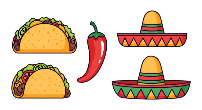 Mexican food icons with tacos chili pepper and sombreros