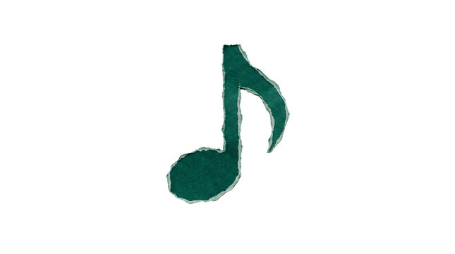 Musical note painted in deep green watercolor texture isolated horizontally on a clear transparent surface.