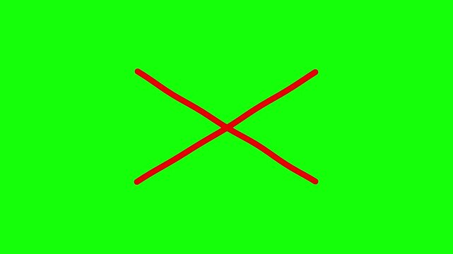 Red cross mark animation on green screen background, hand drawn style X symbol for rejection, negative feedback icon for video editing