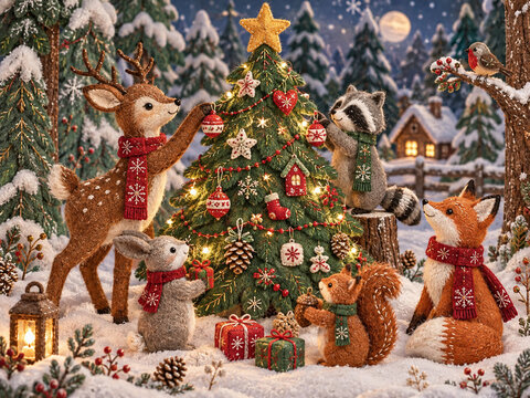 Felt woodland animals decorating a Christmas tree in snow