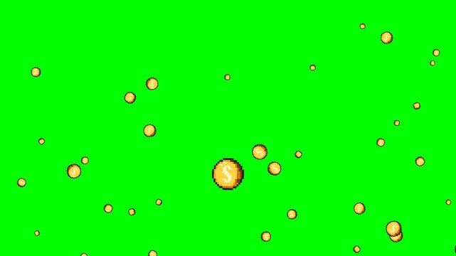 Gold pixel art coins falling on green screen