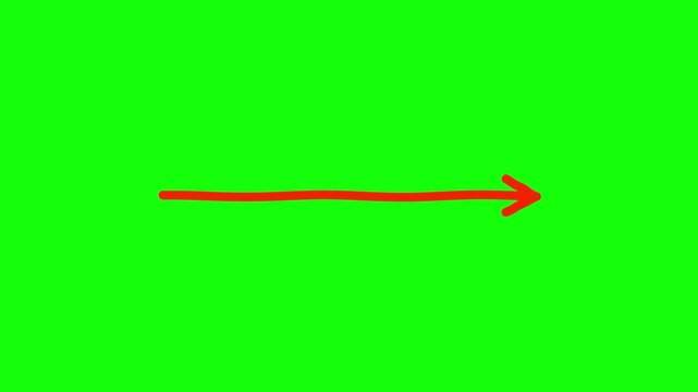 Hand drawn red arrow animation on green screen, sketchy marker pointer moving right, organic brush stroke directional symbol for video editing