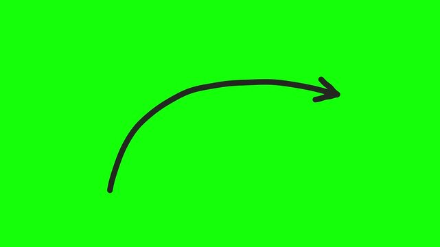 Hand drawn arrow animation on green screen, black ink sketch pointer moving in arc, minimalist doodle directional sign for video editing