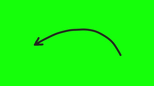 Hand drawn black arrow animation on green screen, curved pointer motion graphic, minimalist doodle arrow for video editing and social media