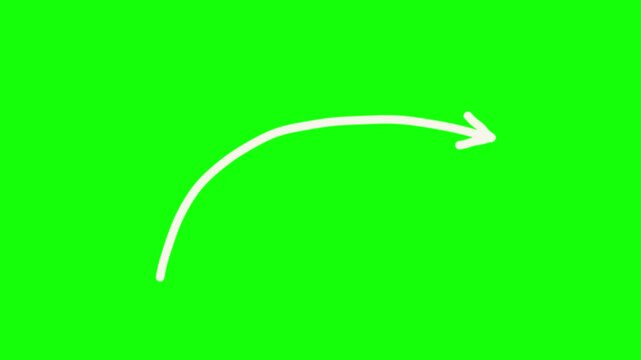 Hand drawn white arrow animation on green screen, curved doodle pointer motion graphic, sketchy directional indicator for video editing