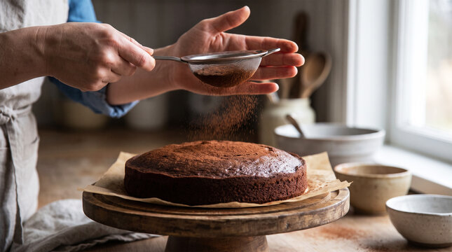 Person dusting a freshly baked chocolate cake with cocoa powder using a fine mesh sieve