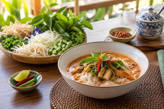 kanom jeen nam ya with herbs and vegetables for restaurant menu