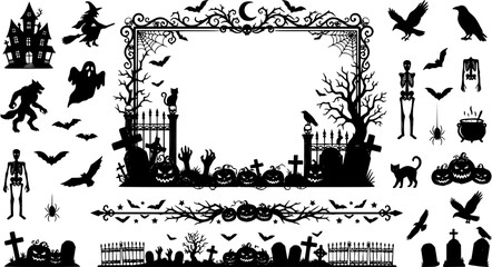 Fototapeta premium Black Halloween Frame Border and Divider Vector, Zombie Hands, Pumpkins, Tombstones, Crosses, Cat, Raven and Cemetery Fence Spooky Decorations