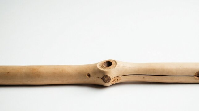 Light Beige Wooden Dowel Rod with Knot and Crack on White Background