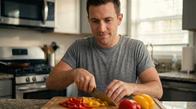 Man is cutting colorful peppers on a wooden cutting board in a modern kitchen. He looks focused on his work as he prepares a meal