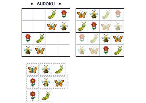 Colorful butterfly and caterpillar Sudoku puzzle for children  