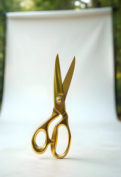 Precision and craftsmanship concept, gold tailor scissors standing upright for luxury fashion design and professional tailoring services on white background