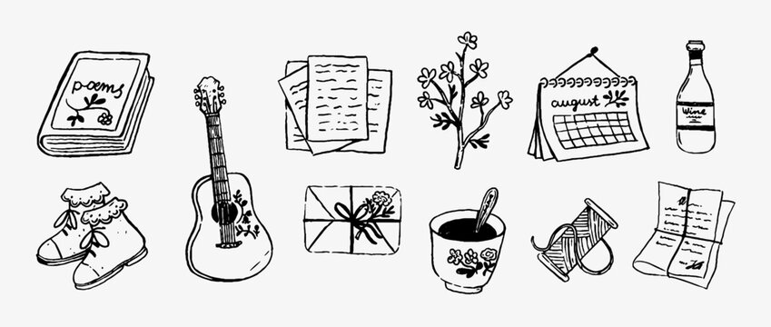 Hand drawn cottagecore doodle icon set featuring poem book, guitar, letters, wildflowers, calendar, wine bottle, shoes, gift box, tea cup, knitting and newspaper in black sketch style.