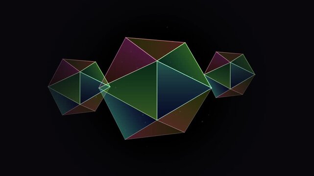Abstract geometric icosahedron shapes with neon wireframe edges. Futuristic low poly 3D polygons on black background. Retro synthwave digital art.