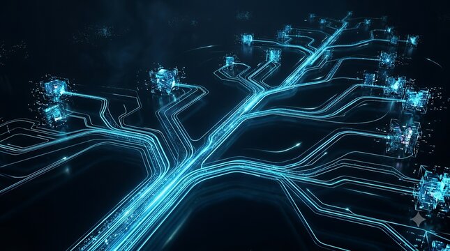 An abstract visualization of digital technology featuring glowing blue light paths connected in a tree like network pattern against a deep black background.