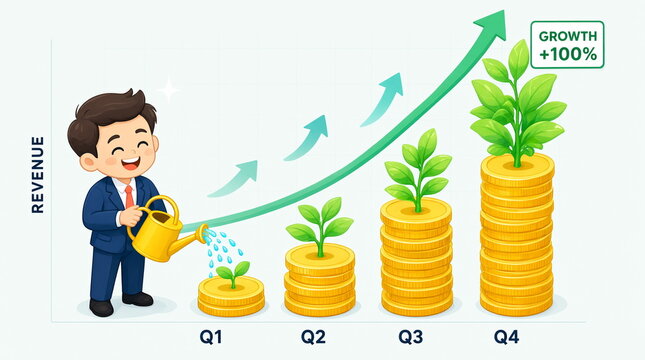 A businessman waters gold coins arranged to form a rising stock market chart.