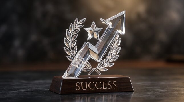 Crystal Trophy with Upward Arrow, Star, and Laurel Wreath - Success Symbol