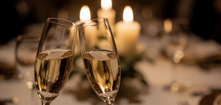 Close-up of two champagne flutes ready for a Christmas toast at a warmly lit dinner table, emphasizing candlelight and elegance.
