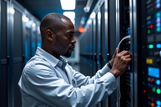 Data Center Technician Working with Servers in Modern IT Facility for Technology Education Rare Background