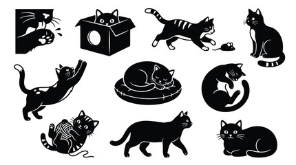 Obraz premium Black Cat Silhouette Vector Set, Cute Feline Poses and Kitten Actions, Minimalist Pet Animal Clipart Icons