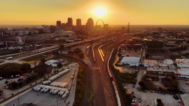 Aerial View of St. Louis Skyline at Sunset with Gateway Arch and Union Station