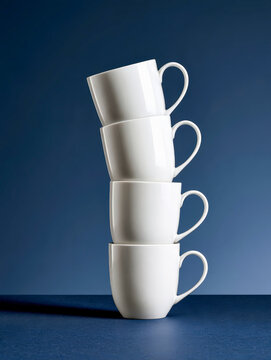 Stack of four white ceramic coffee mugs against dark blue background minimalist kitchen concept