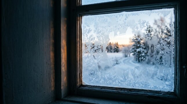 Frost-covered window pane displaying a snowy landscape with bare trees at sunset