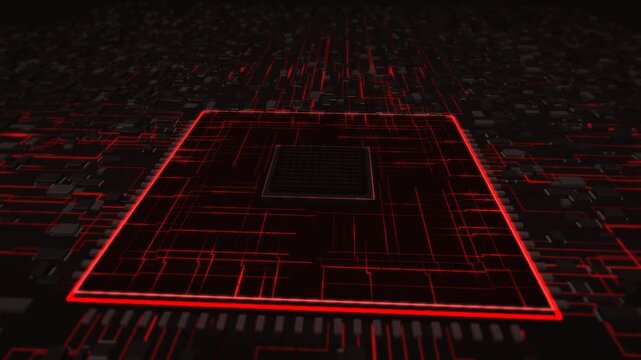 A fifteen second macro camera orbit around a square black processor with a continuously illuminated red perimeter. Surrounding circuitry starts dark before red signal packets propagate outward at vari
