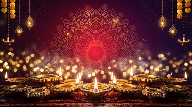 Multiple glowing oil lamps arranged on a patterned floor with a large, intricate mandala and hanging marigold flower decorations