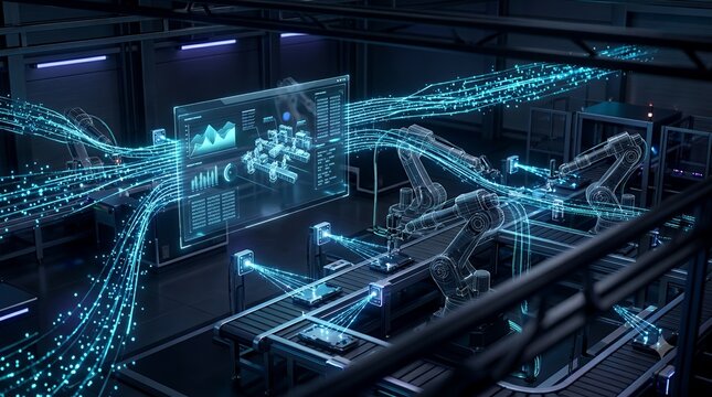 Futuristic Automated Factory Floor With Glowing Blue Digital Data Streams And Industrial Machinery