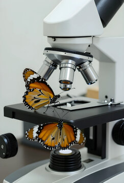Entomology research and biodiversity study, monarch butterflies on a laboratory microscope for scientific analysis of insect life and nature conservation