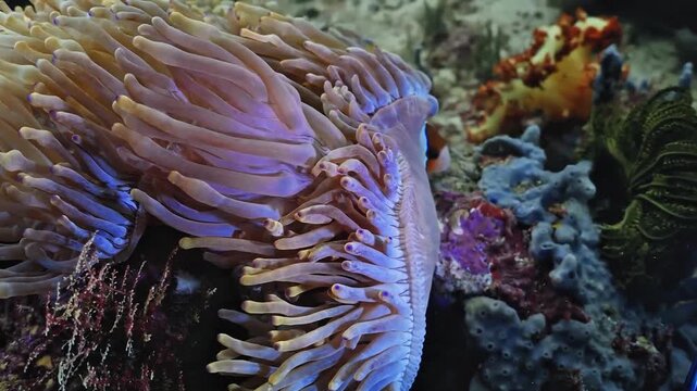 4K Video close-up of a colorful sea anemone waving gently underwater on a tropical coral reef.