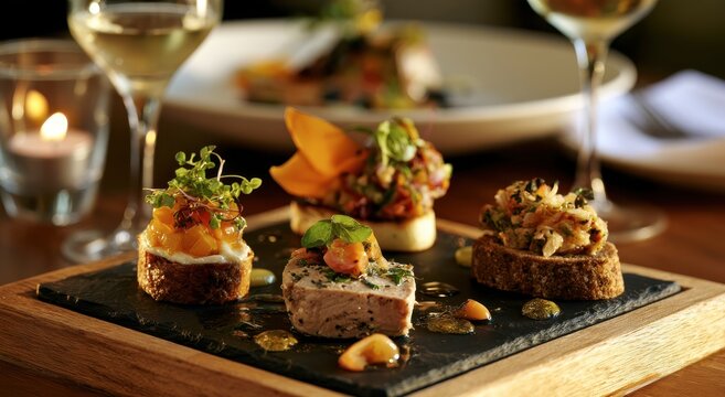 Assorted gourmet bruschetta appetizers served on a slate board in a restaurant