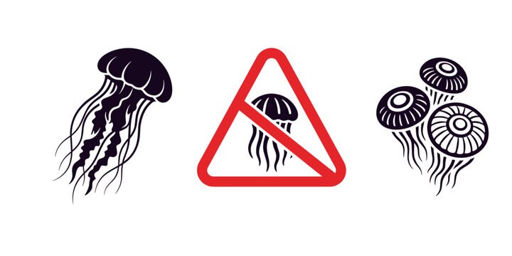 Set of flat vector icons depicting jellyfish warning signs, featuring a detailed jellyfish silhouette, a hazard prohibition triangle, and a cluster of floating jellyfish.