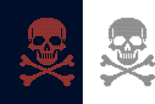 Stylized red pixel art skull and crossbones graphic symbolizing digital danger and cyber security threats on a dark backdrop.